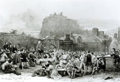 Una folla in fila per firmare il Patto Nazionale davanti al cimitero di Grey Friar, Edimburgo nel 1638 da English School